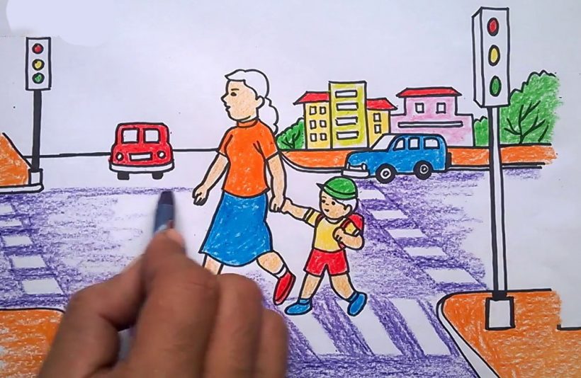 Vẽ tranh đề tài an toàn giao thông thực hiện đúng luật giao thông đường bộ khi qua đường