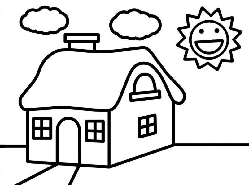 Tranh tô màu cho bé 3 tuổi hình ngôi nhà trên đồng cỏ