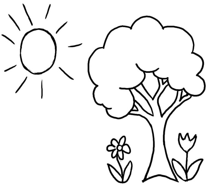 Tranh tô màu cho bé trai 3 tuổi hình vườn cây và ông mặt trời