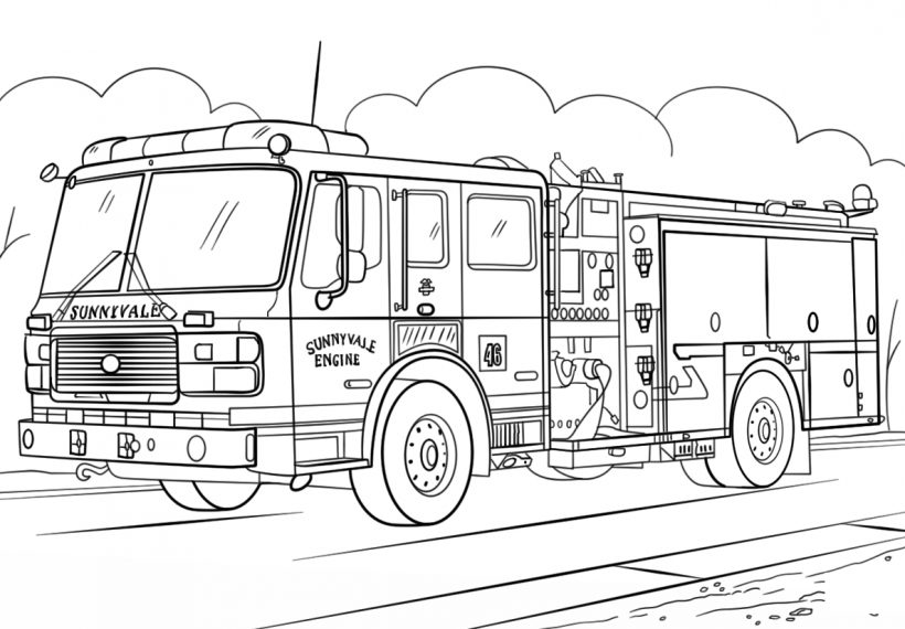 Tranh tô màu xe cứu hỏa đang dập lửa