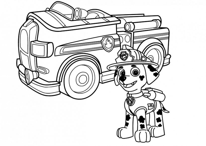Tranh tô màu xe cứu hỏa với chú chó cứu hỏa