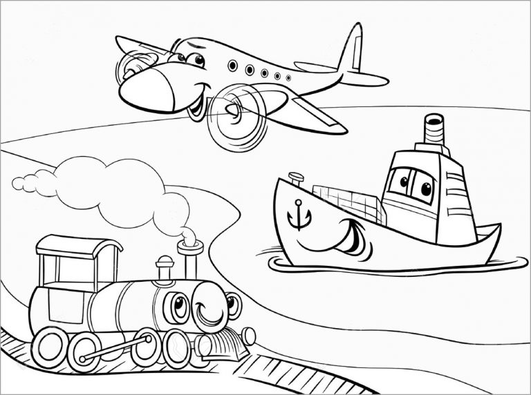 Tranh tô màu xe lửa và máy bay với thuyền
