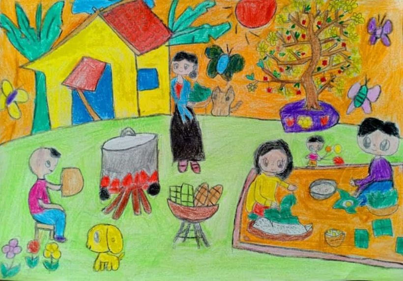 vẽ tranh ngày tết lớp 6 nấu bánh cùng gia đình