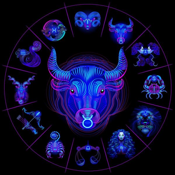 Neon horoscope circle with signs of zodiac. Set astrology signs. Taurus.