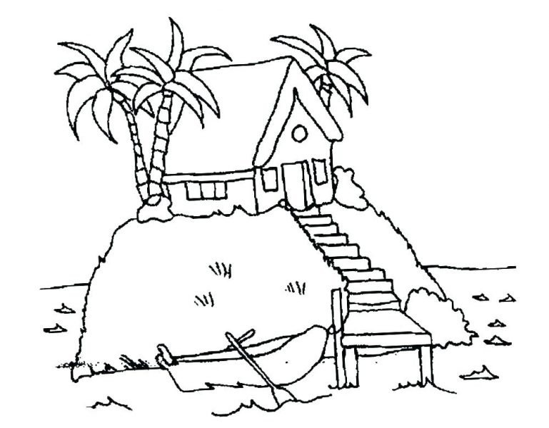 Tranh tô màu cây dừa và ngôi nhà
