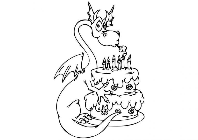 Tranh tô màu con rồng thổi bánh sinh nhật