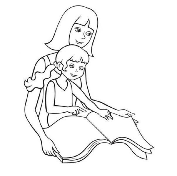 Tranh tô màu gia đình mẹ và bé gái đọc sách