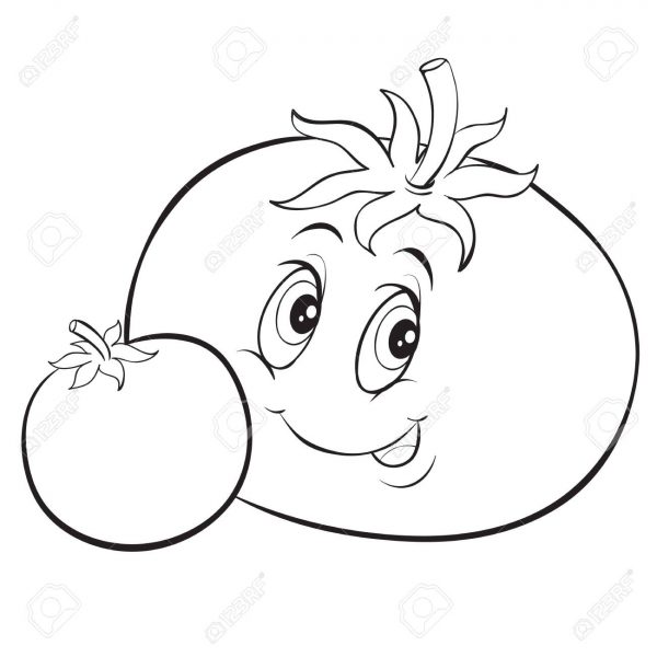 tomato character with big eyes, outline drawing, for coloring, isolated object on a white background,