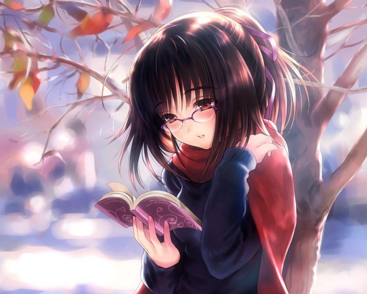 hình ảnh anime girl đeo kính đọc sách