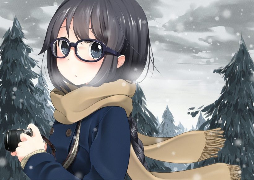 hình ảnh anime girl đeo kính mùa đông