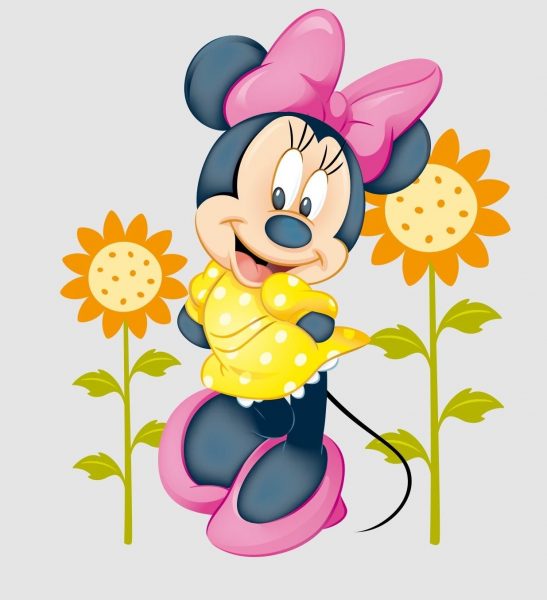 Hình ảnh chuột Mickey dễ thương đứng cạnh bông hoa hướng dương