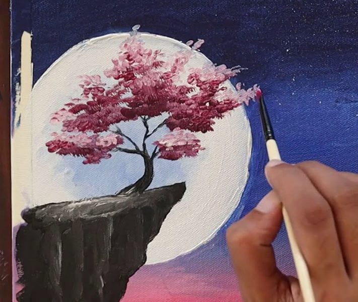 Hình vẽ hoa Anh Đào, cách vẽ hoa Anh Đào đẹp dưới ánh trăng