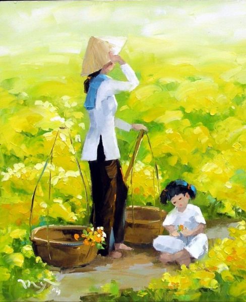 Vẽ tranh về mẹ cùng con giữa đồng hoa