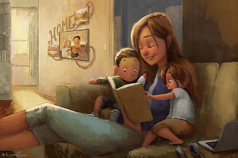 Vẽ tranh về mẹ đọc sách con nghe
