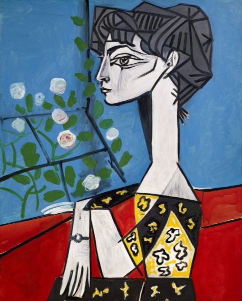 Tranh vẽ Picasso cô gái cổ dài ngồi ngắm hoa