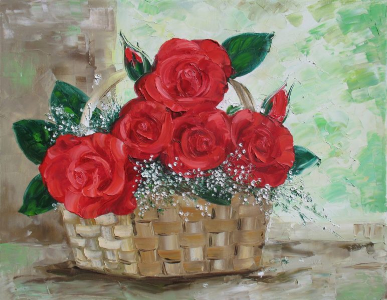 Tranh vẽ hoa hồng trong chiếc giỏ đan