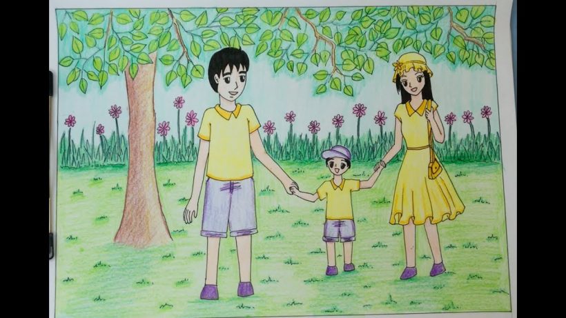 Vẽ tranh đề tài cuộc sống quanh em cùng ba mẹ đi chơi