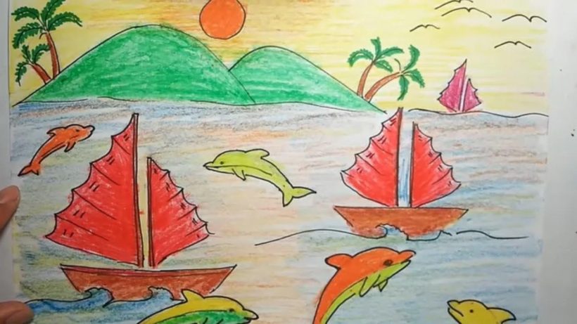 Vẽ tranh đề tài tự chọn tự do cá heo trên biển
