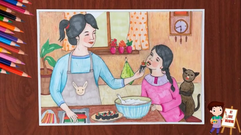 Vẽ tranh về mẹ đang cho con gái ăn