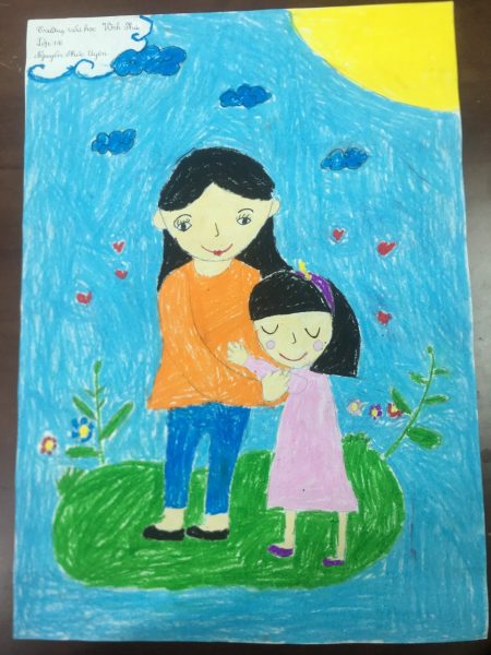 Vẽ tranh về mẹ đang ôm con gái nhỏ