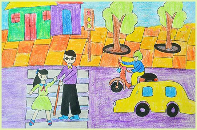 Vẽ tranh an toàn giao thông giúp đỡ người khuyết tật qua đường