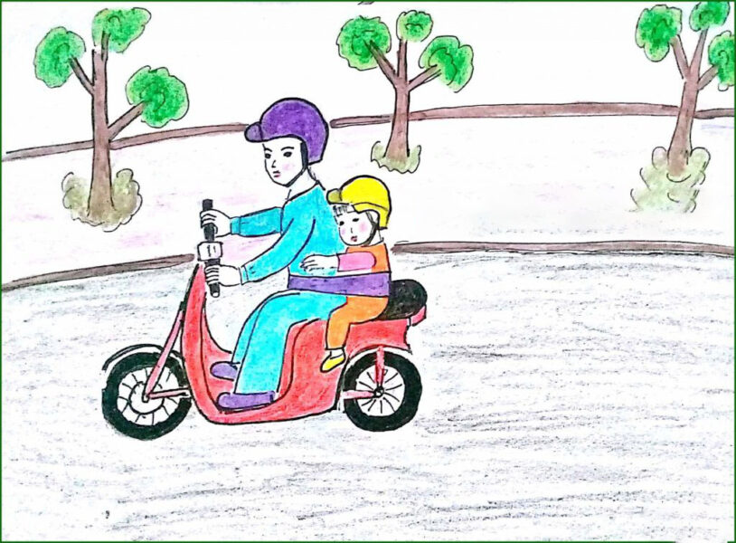 vẽ tranh chủ đề đội mũ xinh bảo vệ chúng mình mẹ chở bé trên chiếc xe máy xe mô tô