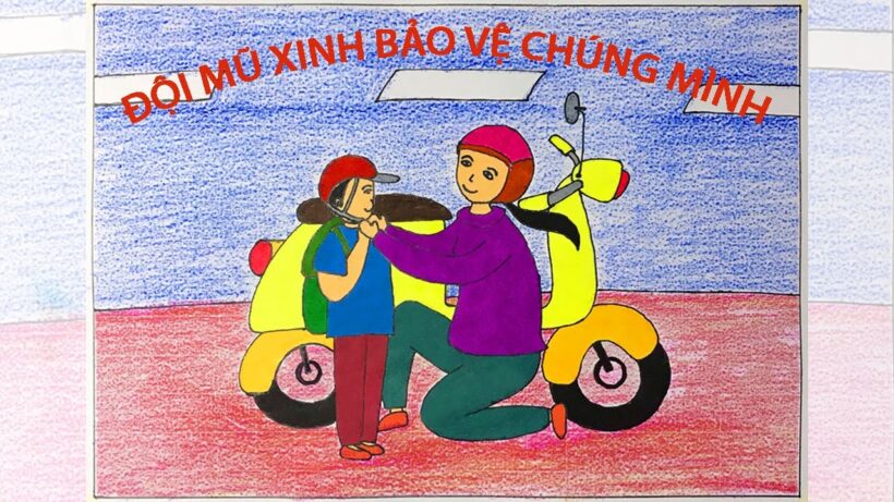vẽ tranh đề tài đội mũ xinh bảo vệ chúng mình mẹ đội mũ bảo hiểm cho bé