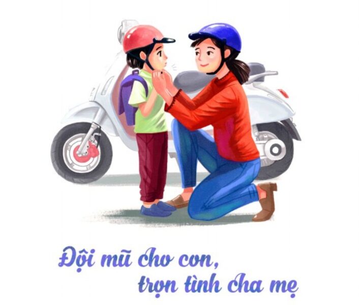 vẽ tranh về đề tài đội mũ xinh bảo vệ chúng mình Đội mũ cho con trọn tình cha mẹ